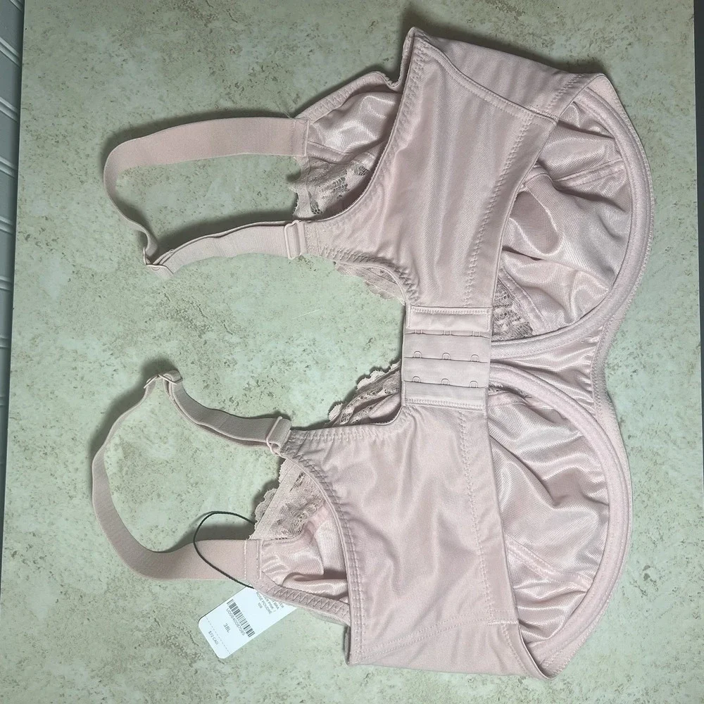 UNDERSTANCE Fay Crossover Powder Pink Minimizer Bra 38L Luxury Mesh Lace NWT